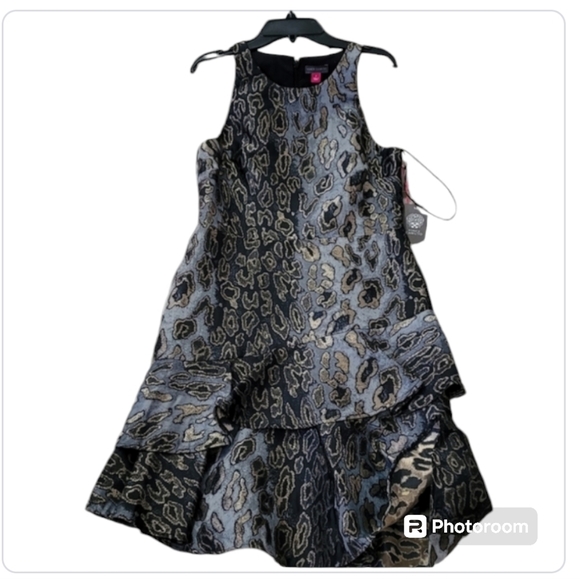 Vince Camuto Animal Print Mettalic  Asymmetrical Tierd Hem Cocktail Dress - Picture 3 of 12